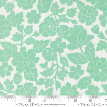 Image of Bloomsberry London White Aqua quilting cotton fabric by Camille Roskelley for Moda Fabrics. Features flowers on a white and blue background. Cute Little Fabric Shop.