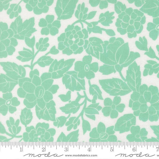 Image of Bloomsberry London White Aqua quilting cotton fabric by Camille Roskelley for Moda Fabrics. Features flowers on a white and blue background. Cute Little Fabric Shop.