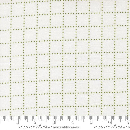 Image of Bloomsberry Stroll White Green quilting cotton fabric by Camille Roskelley for Moda Fabrics. Features squares on a white background. Cute Little Fabric Shop.