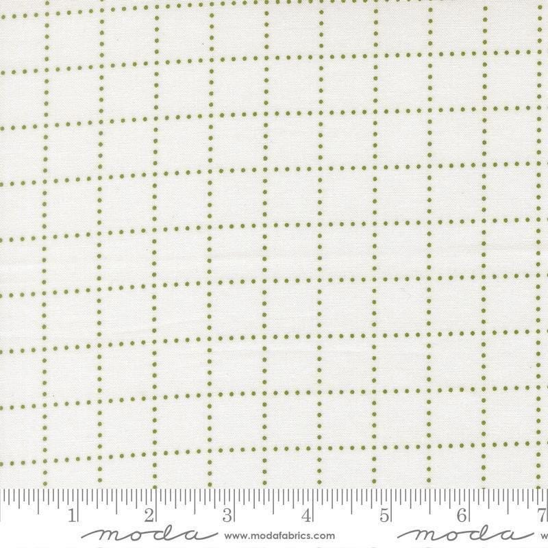 Image of Bloomsberry Stroll White Green quilting cotton fabric by Camille Roskelley for Moda Fabrics. Features squares on a white background. Cute Little Fabric Shop.