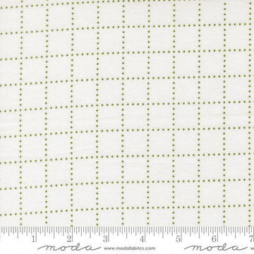 Image of Bloomsberry Stroll White Green quilting cotton fabric by Camille Roskelley for Moda Fabrics. Features squares on a white background. Cute Little Fabric Shop.