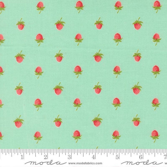 Image of Bloomsberry Berries Aqua quilting cotton fabric by Camille Roskelley for Moda Fabrics. Features strawberries on a blue background. Cute Little Fabric Shop.