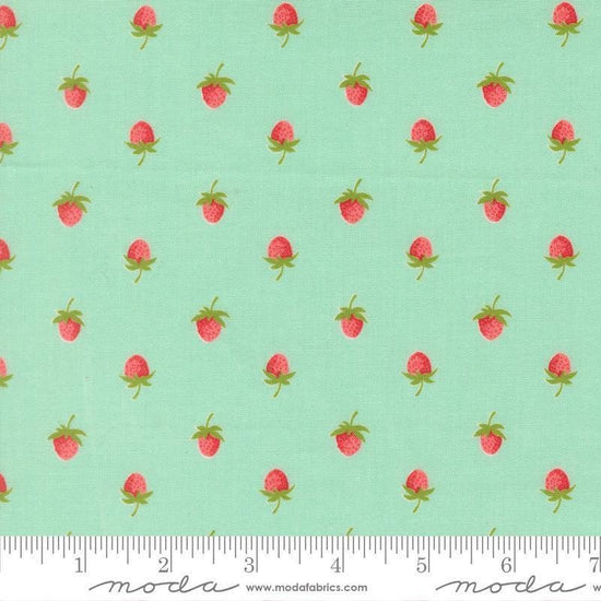 Image of Bloomsberry Berries Aqua quilting cotton fabric by Camille Roskelley for Moda Fabrics. Features strawberries on a blue background. Cute Little Fabric Shop.