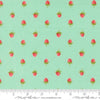 Image of Bloomsberry Berries Aqua quilting cotton fabric by Camille Roskelley for Moda Fabrics. Features strawberries on a blue background. Cute Little Fabric Shop.