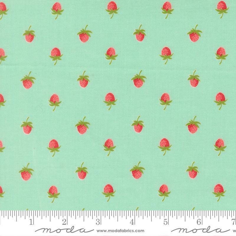 Image of Bloomsberry Berries Aqua quilting cotton fabric by Camille Roskelley for Moda Fabrics. Features strawberries on a blue background. Cute Little Fabric Shop.