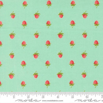 Image of Bloomsberry Berries Aqua quilting cotton fabric by Camille Roskelley for Moda Fabrics. Features strawberries on a blue background. Cute Little Fabric Shop.