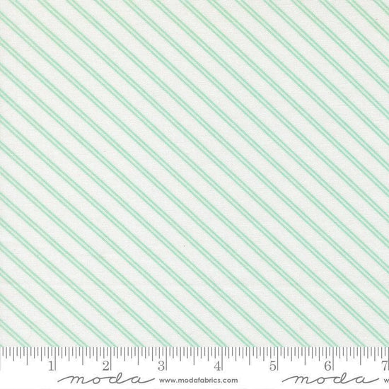 Image of Bloomsberry Stripe White Aqua quilting cotton fabric by Camille Roskelley for Moda Fabrics. Features stripes on a white background. Cute Little Fabric Shop.