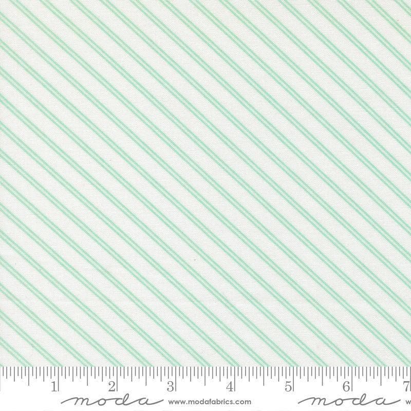 Image of Bloomsberry Stripe White Aqua quilting cotton fabric by Camille Roskelley for Moda Fabrics. Features stripes on a white background. Cute Little Fabric Shop.