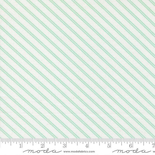 Image of Bloomsberry Stripe White Aqua quilting cotton fabric by Camille Roskelley for Moda Fabrics. Features stripes on a white background. Cute Little Fabric Shop.