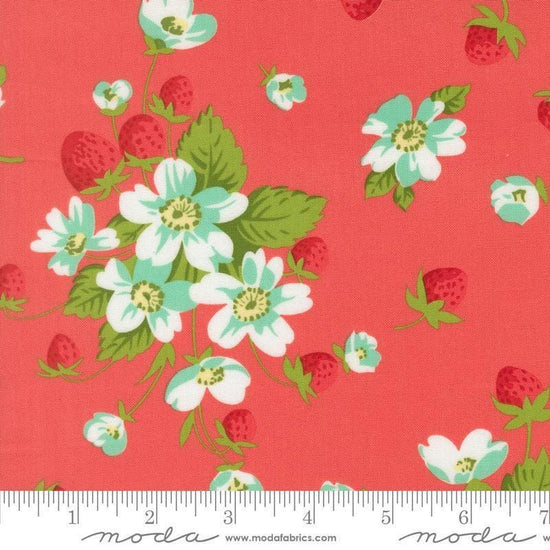 Image of Bloomsberry In Bloom Nantucket Red quilting cotton fabric by Camille Roskelley for Moda Fabrics. Features flowers on a red background. Cute Little Fabric Shop.