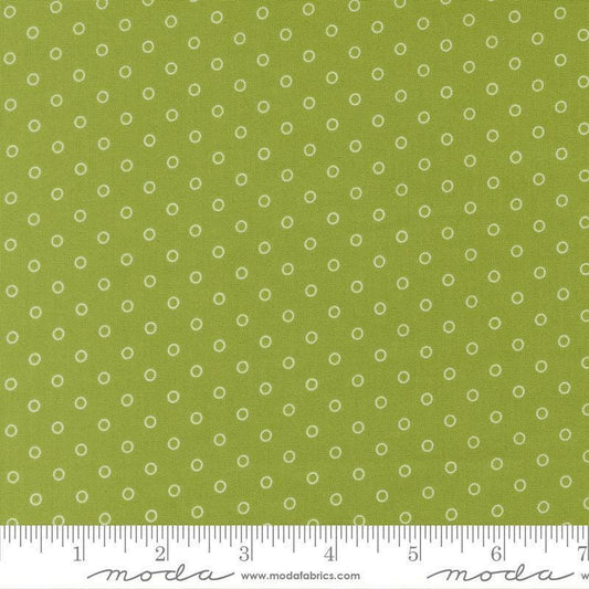 Image of Bloomsberry Favorite Dot Leaf quilting cotton fabric by Camille Roskelley for Moda Fabrics. Features tonal polka dots on a green background. Cute Little Fabric Shop.