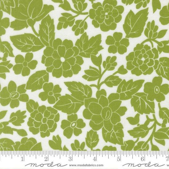 Image of Bloomsberry London White Leaf quilting cotton fabric by Camille Roskelley for Moda Fabrics. Features flowers on a white and green background. Cute Little Fabric Shop.