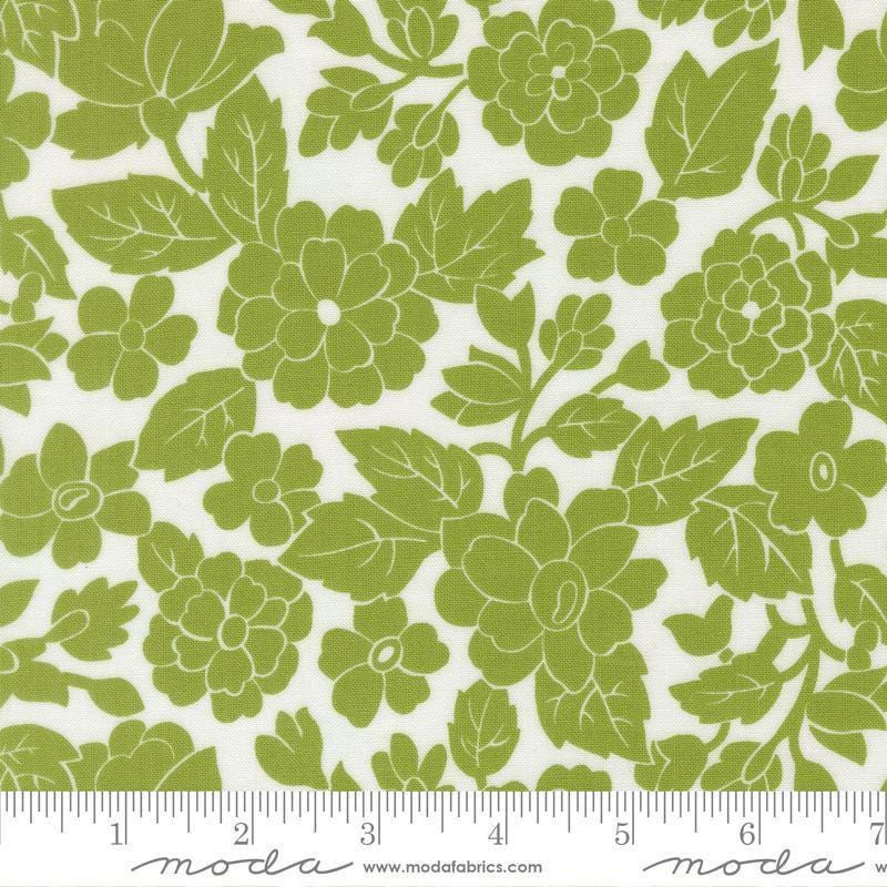 Image of Bloomsberry London White Leaf quilting cotton fabric by Camille Roskelley for Moda Fabrics. Features flowers on a white and green background. Cute Little Fabric Shop.