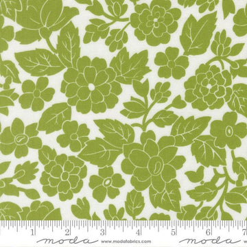 Image of Bloomsberry London White Leaf quilting cotton fabric by Camille Roskelley for Moda Fabrics. Features flowers on a white and green background. Cute Little Fabric Shop.