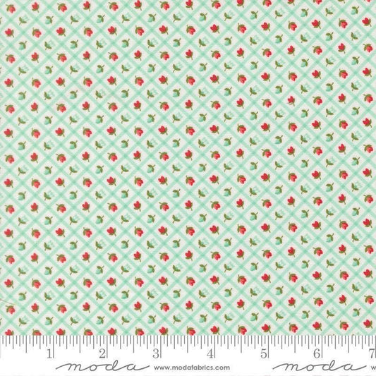 Image of Bloomsberry Check Aqua quilting cotton fabric by Camille Roskelley for Moda Fabrics. Features flowers on a blue background. Cute Little Fabric Shop.