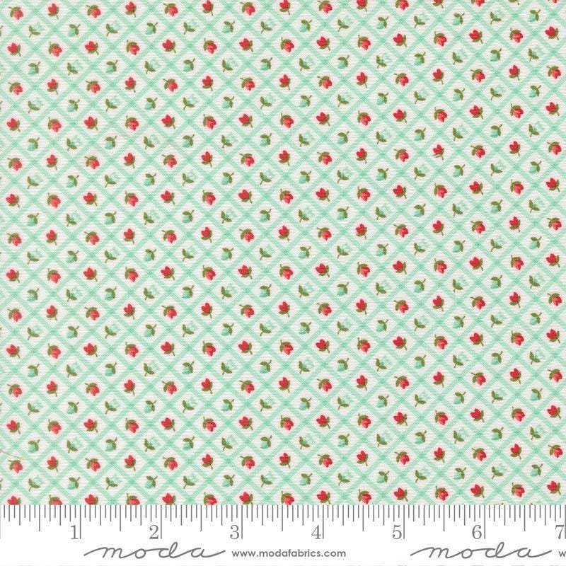 Image of Bloomsberry Check Aqua quilting cotton fabric by Camille Roskelley for Moda Fabrics. Features flowers on a blue background. Cute Little Fabric Shop.