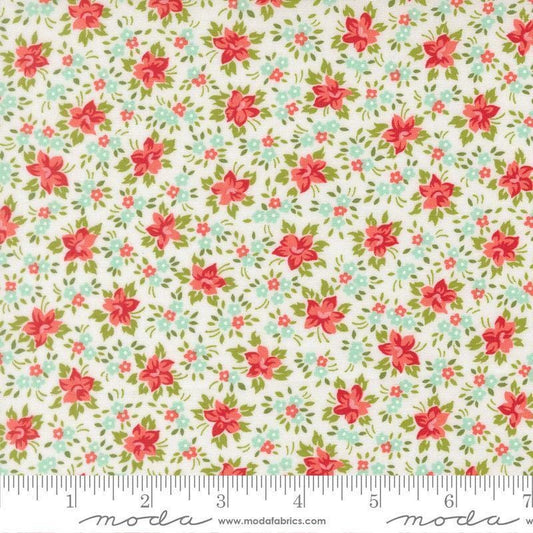 Image of Bloomsberry Marylebone White quilting cotton fabric by Camille Roskelley for Moda Fabrics. Features flowers on a white background. Cute Little Fabric Shop.