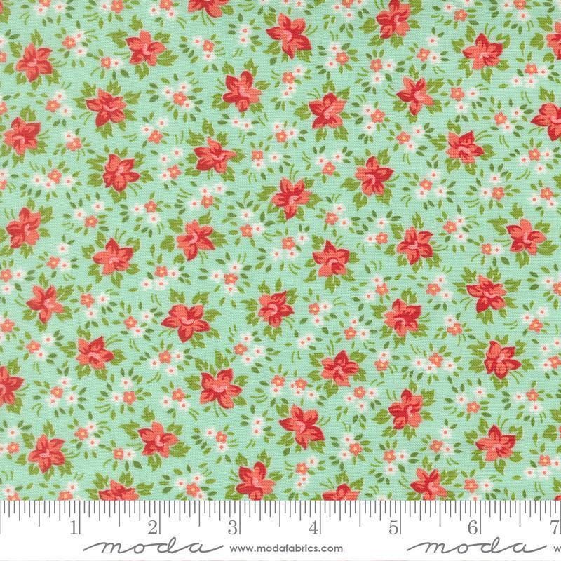 Image of Bloomsberry Marylebone Aqua quilting cotton fabric by Camille Roskelley for Moda Fabrics. Features flowers on a blue background. Cute Little Fabric Shop.