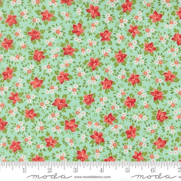 Image of Bloomsberry Marylebone Aqua quilting cotton fabric by Camille Roskelley for Moda Fabrics. Features flowers on a blue background. Cute Little Fabric Shop.