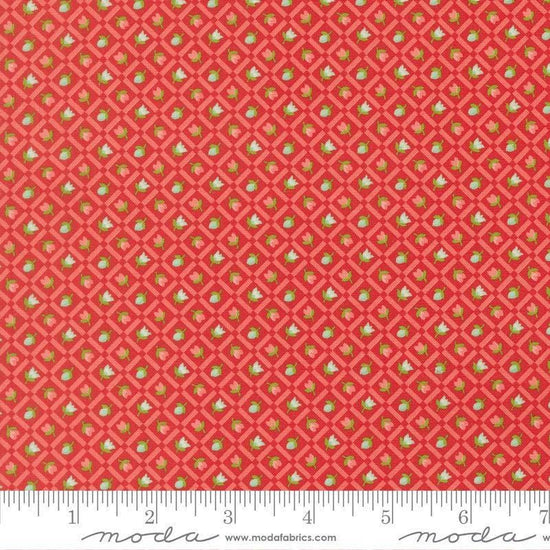 Image of Bloomsberry Check Red quilting cotton fabric by Camille Roskelley for Moda Fabrics. Features flowers on a red background. Cute Little Fabric Shop.