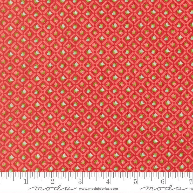 Image of Bloomsberry Check Red quilting cotton fabric by Camille Roskelley for Moda Fabrics. Features flowers on a red background. Cute Little Fabric Shop.