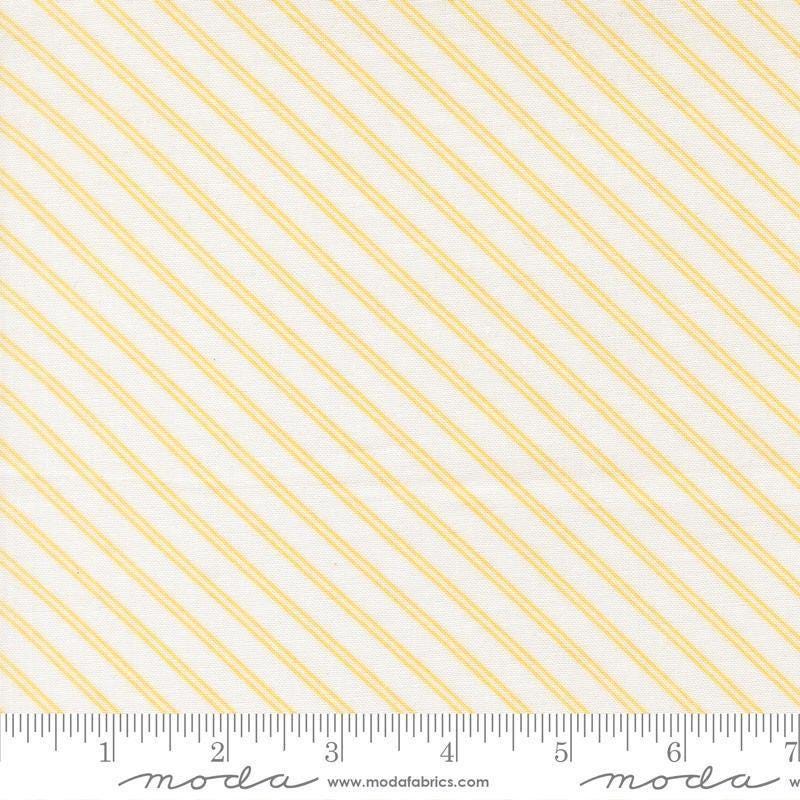 Image of Bloomsberry Stripe White Buttermilk quilting cotton fabric by Camille Roskelley for Moda Fabrics. Features stripes on a white background. Cute Little Fabric Shop.