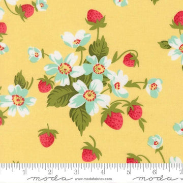 Image of Bloomsberry In Bloom Buttermilk quilting cotton fabric by Camille Roskelley for Moda Fabrics. Features flowers on a yellow background. Cute Little Fabric Shop.