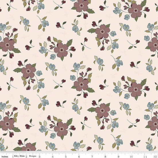 Image of Charmed & Treasured Main Latte by Kassidy Grace for Riley Blake Designs. Features flowers on a cream background. Cute Little Fabric Shop.
