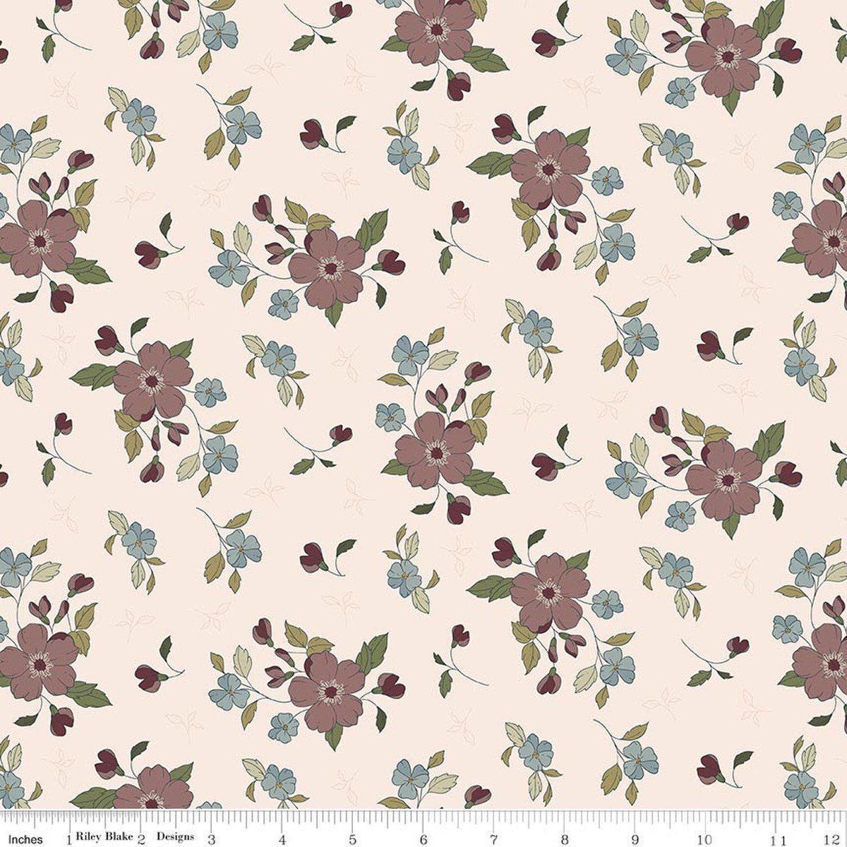 Image of Charmed & Treasured Main Latte by Kassidy Grace for Riley Blake Designs. Features flowers on a cream background. Cute Little Fabric Shop.