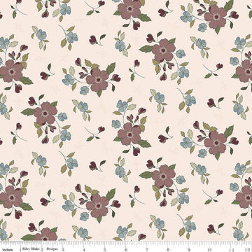 Image of Charmed & Treasured Main Latte by Kassidy Grace for Riley Blake Designs. Features flowers on a cream background. Cute Little Fabric Shop.