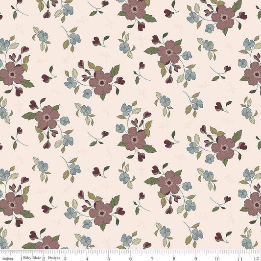 Image of Charmed & Treasured Main Latte by Kassidy Grace for Riley Blake Designs. Features flowers on a cream background. Cute Little Fabric Shop.