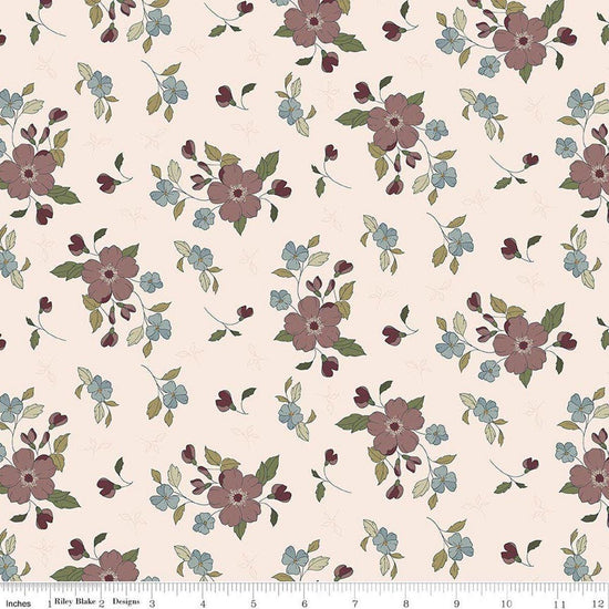 Image of Charmed & Treasured Main Latte by Kassidy Grace for Riley Blake Designs. Features flowers on a cream background. Cute Little Fabric Shop.