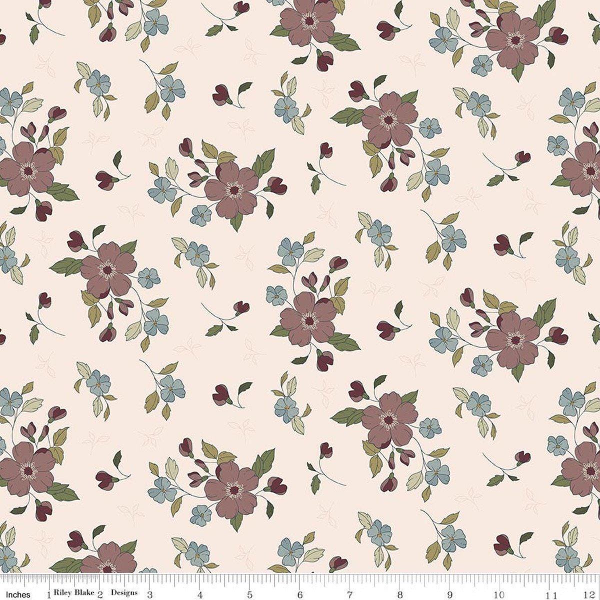 Image of Charmed & Treasured Main Latte by Kassidy Grace for Riley Blake Designs. Features flowers on a cream background. Cute Little Fabric Shop.