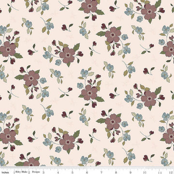 Image of Charmed & Treasured Main Latte by Kassidy Grace for Riley Blake Designs. Features flowers on a cream background. Cute Little Fabric Shop.