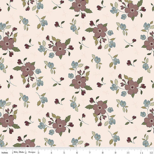 Image of Charmed & Treasured Main Latte by Kassidy Grace for Riley Blake Designs. Features flowers on a cream background. Cute Little Fabric Shop.