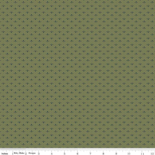 Image of Charmed & Treasured Lottie Green by Kassidy Grace for Riley Blake Designs. Features a geometric pattern on a green background. Cute Little Fabric Shop.