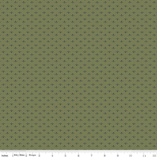 Image of Charmed & Treasured Lottie Green by Kassidy Grace for Riley Blake Designs. Features a geometric pattern on a green background. Cute Little Fabric Shop.