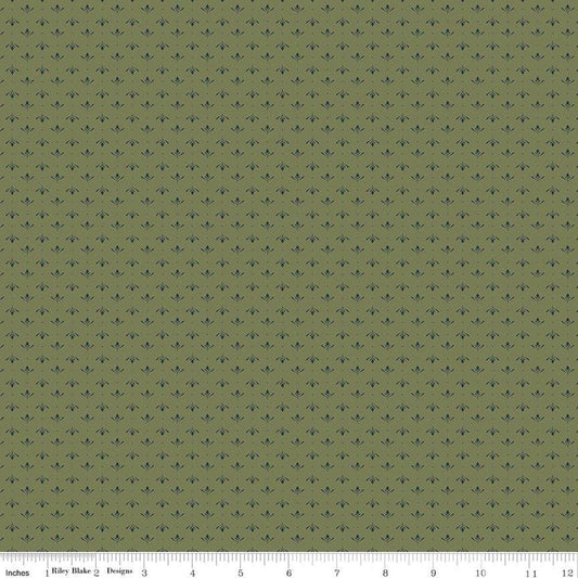 Image of Charmed & Treasured Lottie Green by Kassidy Grace for Riley Blake Designs. Features a geometric pattern on a green background. Cute Little Fabric Shop.