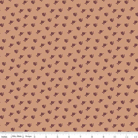 Image of Charmed & Treasured Magnolia Light Clay by Kassidy Grace for Riley Blake Designs. Features flowers on a brown background. Cute Little Fabric Shop.
