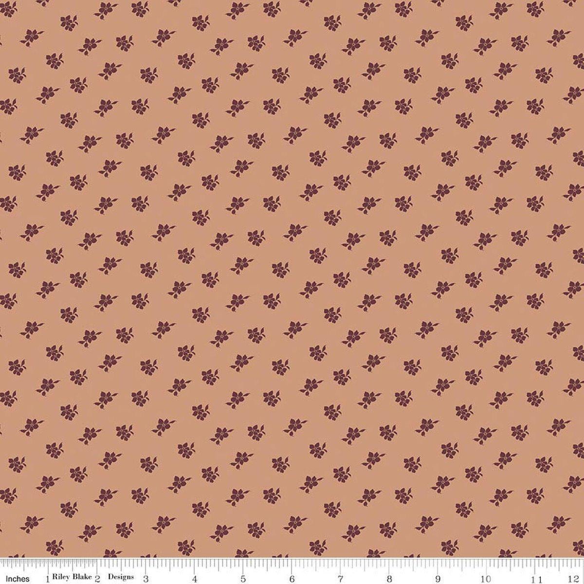 Image of Charmed & Treasured Magnolia Light Clay by Kassidy Grace for Riley Blake Designs. Features flowers on a brown background. Cute Little Fabric Shop.