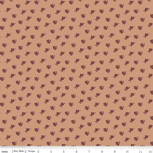 Image of Charmed & Treasured Magnolia Light Clay by Kassidy Grace for Riley Blake Designs. Features flowers on a brown background. Cute Little Fabric Shop.