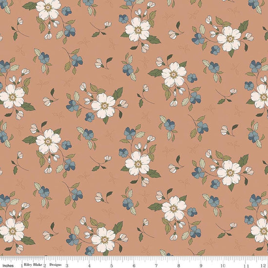 Image of Charmed & Treasured Main Light Clay by Kassidy Grace for Riley Blake Designs. Features flowers on a brown background. Cute Little Fabric Shop.