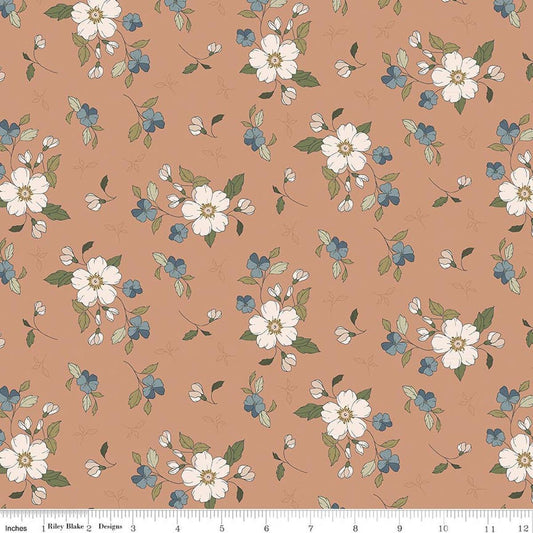Image of Charmed & Treasured Main Light Clay by Kassidy Grace for Riley Blake Designs. Features flowers on a brown background. Cute Little Fabric Shop.
