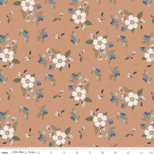 Image of Charmed & Treasured Main Light Clay by Kassidy Grace for Riley Blake Designs. Features flowers on a brown background. Cute Little Fabric Shop.