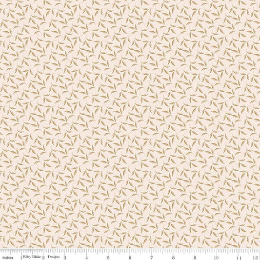 Image of Charmed & Treasured Evergreen Latte by Kassidy Grace for Riley Blake Designs. Features leaves on a cream background. Cute Little Fabric Shop.