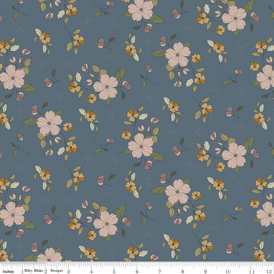 Image of Charmed & Treasured Main Thunder by Kassidy Grace for Riley Blake Designs. Features flowers on a blue background. Cute Little Fabric Shop.