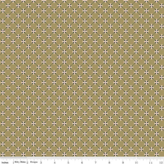 Image of Charmed & Treasured Stella Lemongrass by Kassidy Grace for Riley Blake Designs. Features a geometric pattern on a green background. Cute Little Fabric Shop.