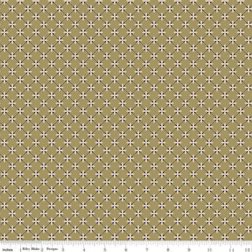 Image of Charmed & Treasured Stella Lemongrass by Kassidy Grace for Riley Blake Designs. Features a geometric pattern on a green background. Cute Little Fabric Shop.