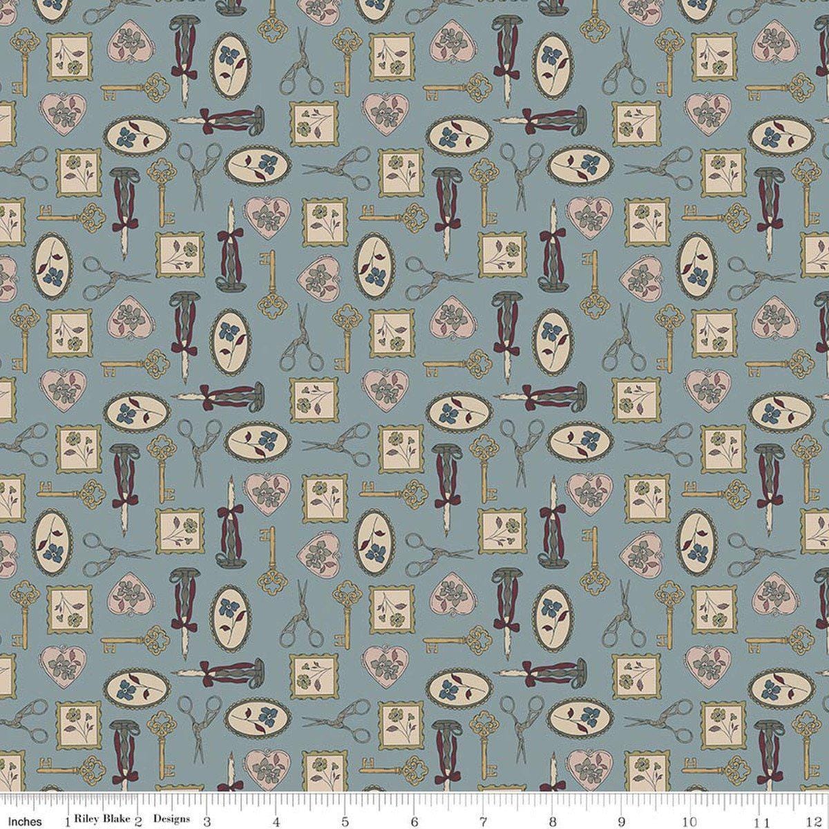 Image of Charmed & Treasured Charmed Storm by Kassidy Grace for Riley Blake Designs. Features keys on a blue background. Cute Little Fabric Shop.