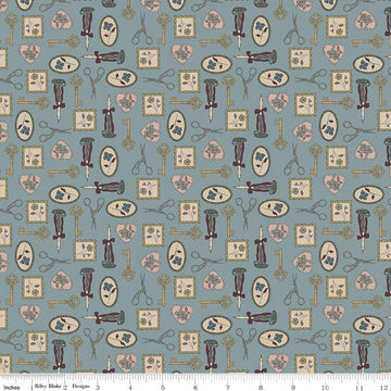 Image of Charmed & Treasured Charmed Storm by Kassidy Grace for Riley Blake Designs. Features keys on a blue background. Cute Little Fabric Shop.